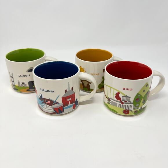 Starbucks Mug Set 4 You Are Here Cups Texas Ohio Virginia Illinois Coffee Cups